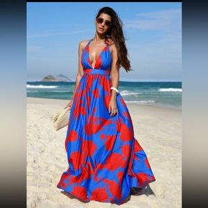 Floral print backless halter maxi dress - S